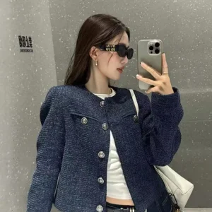 Korean Fashion Women's Short Coat New in Autumn and Winter Office Lady Dark Blue Tweed Long Sleeve Crew Neck Elegant Jackets