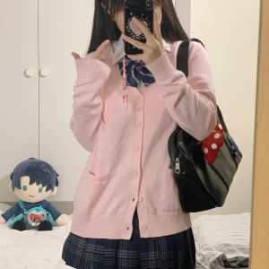 Pink Blue Black Cute Jk Sweater Knitted Cardigan Female Original Japanese Jacket Uniform School Supply Feeling Lazy Style