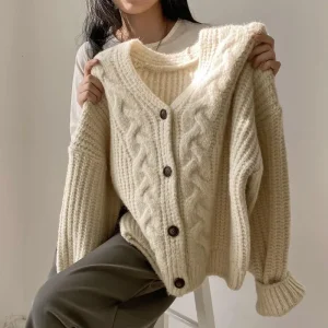 Fashion Winter Warm Long Sleeve Knitted Cardigan Women V-nek Loose Sweater Autumn Elegant Solid Color Casual Knitted Top