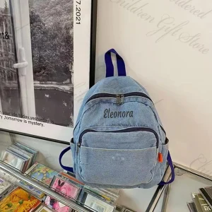 Free Shipping Embroidered Name Women's Denim Backpack Personalized College Student Bag Book Bag Customized Denim Canvas Backpack